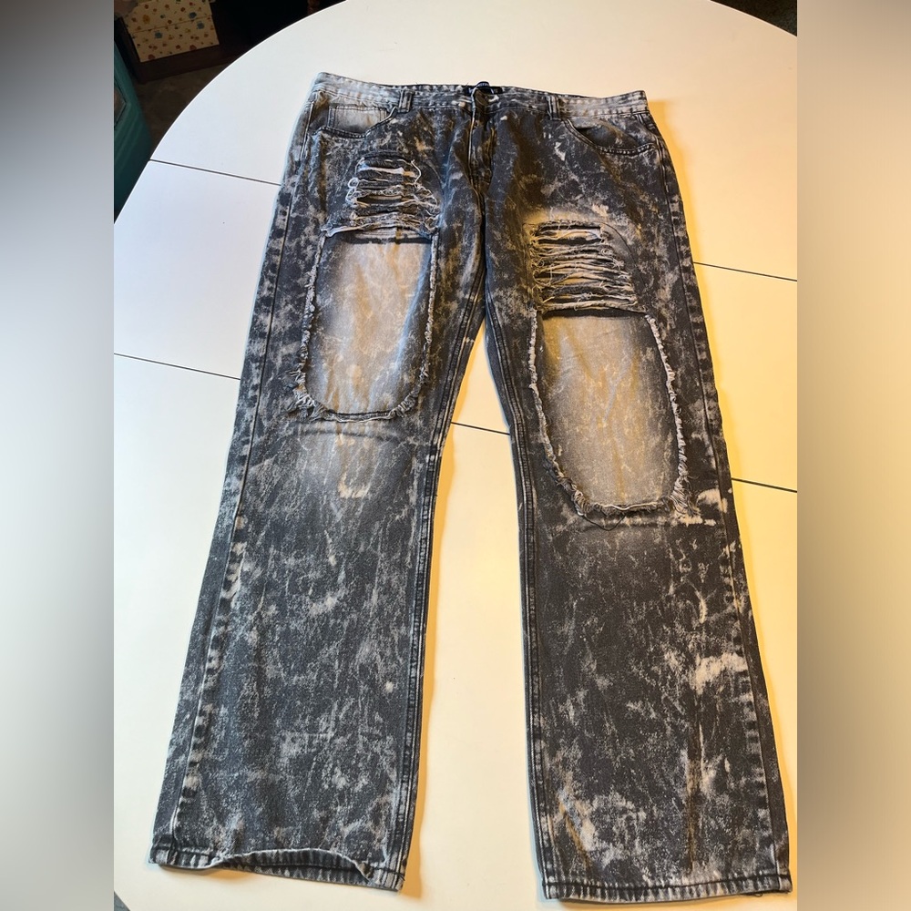 Imperious men’s black acid washed distressed patches jeans 40x32
